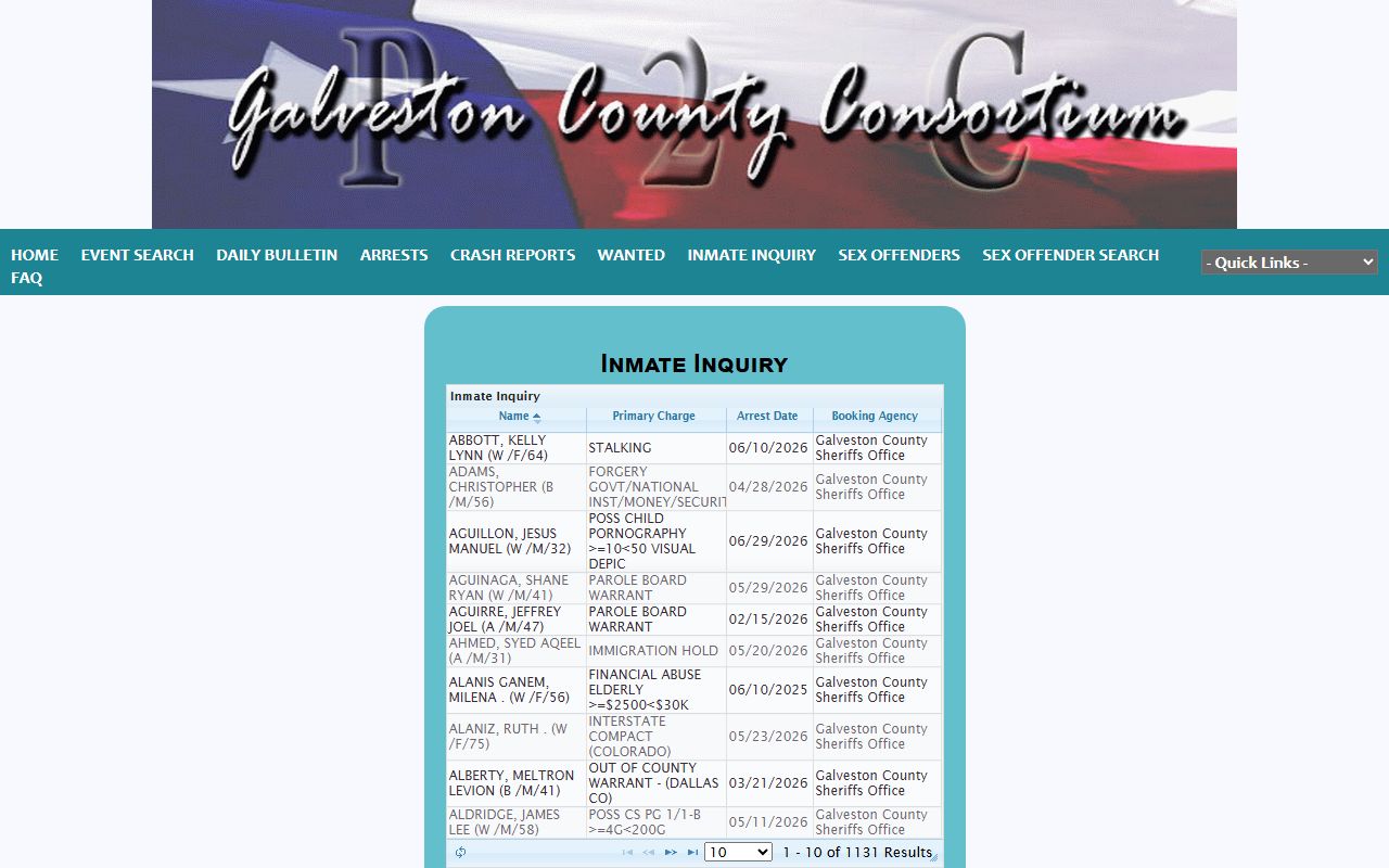 Galveston County Jail P2C inmate roster search fields