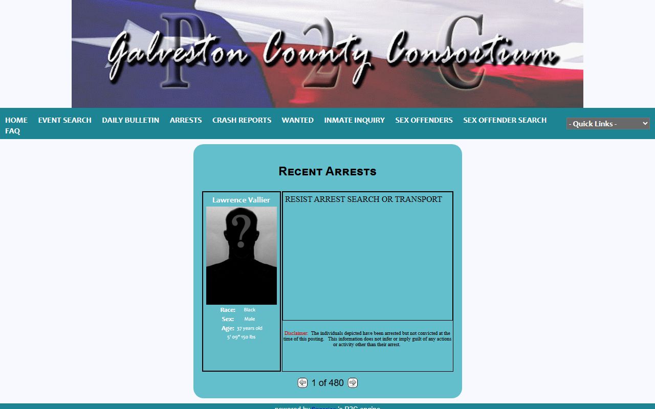 Galveston County jail mugshots and recent arrest cards on P2C