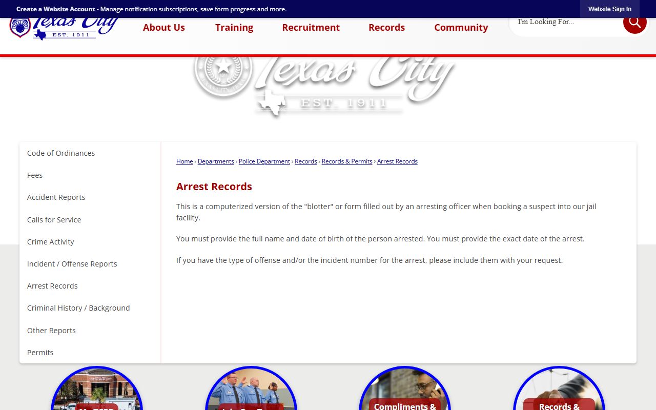 Texas City Police Jail arrest record request information