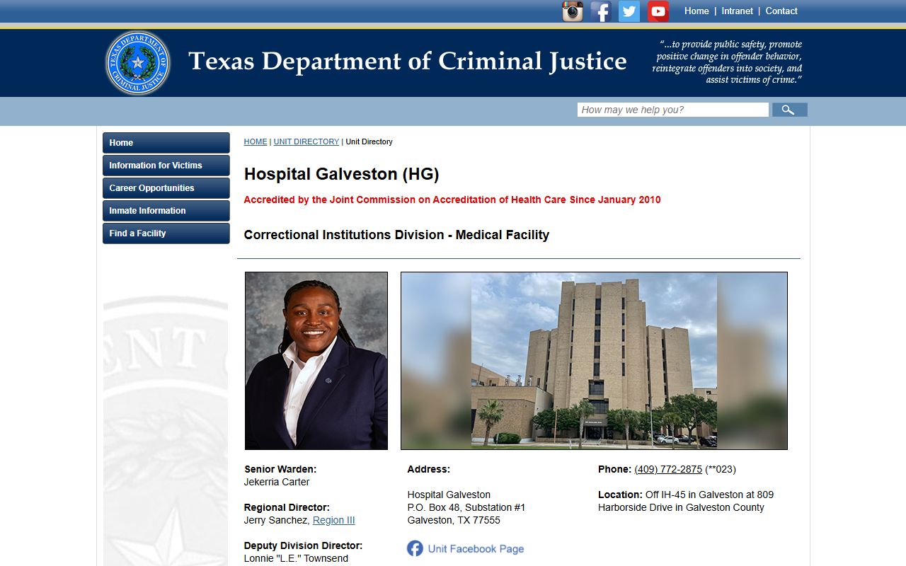 Hospital Galveston TDCJ unit directory inmate facility information