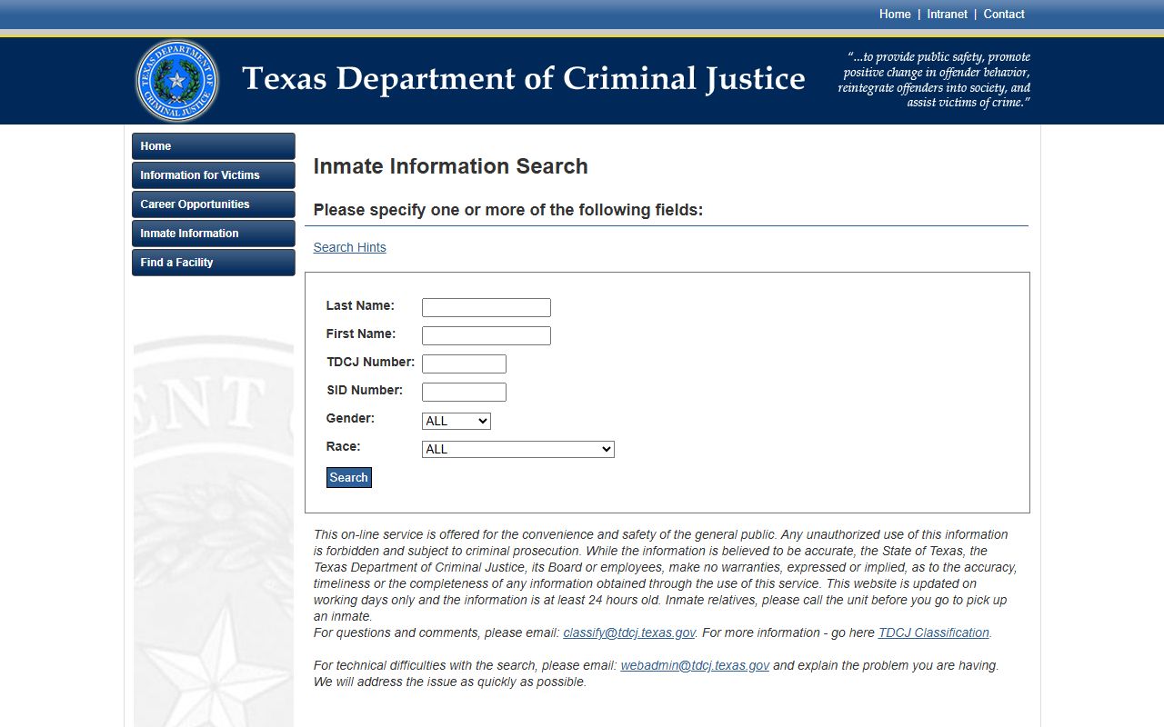 TDCJ inmate search fields for Hospital Galveston inmates