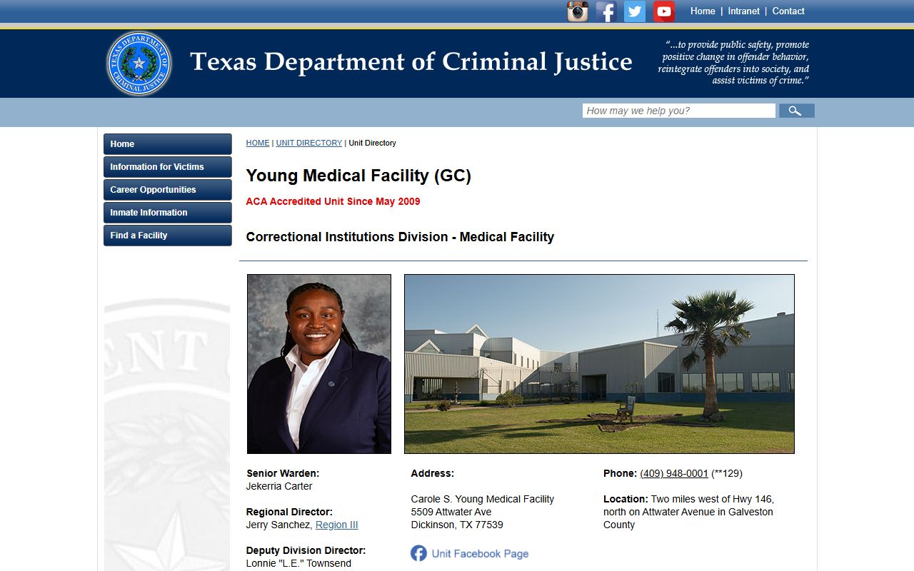 Young Medical Facility TDCJ unit directory inmate lookup information